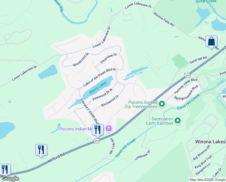 map of restaurants, bars, coffee shops, grocery stores, and more near 115 Pinewood Drive North in East Stroudsburg