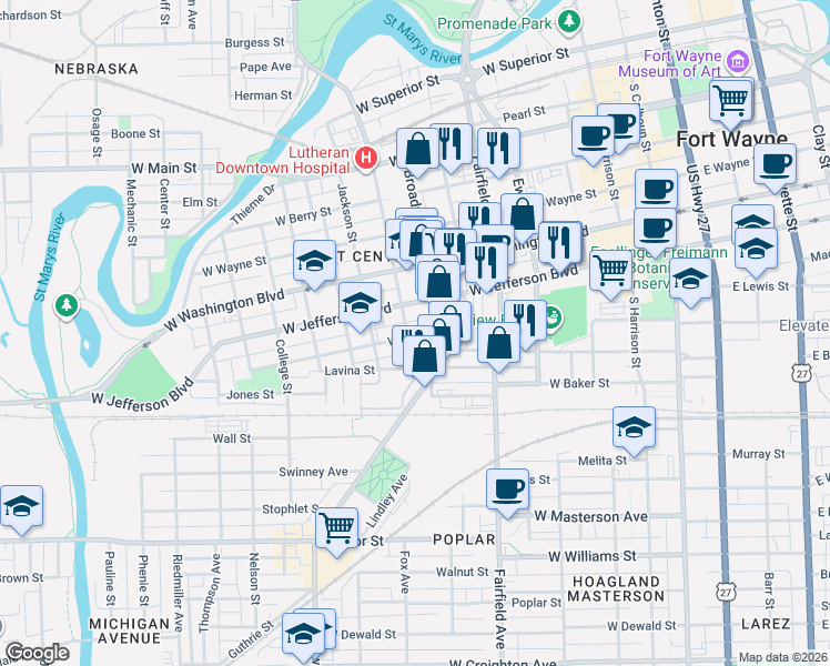 map of restaurants, bars, coffee shops, grocery stores, and more near 716 Wilt Street in Fort Wayne
