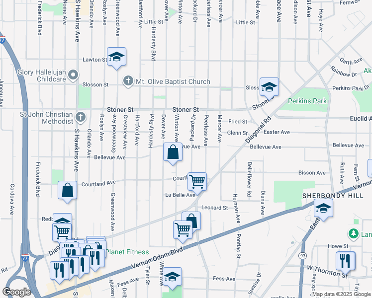 map of restaurants, bars, coffee shops, grocery stores, and more near 1034 Bellevue Avenue in Akron