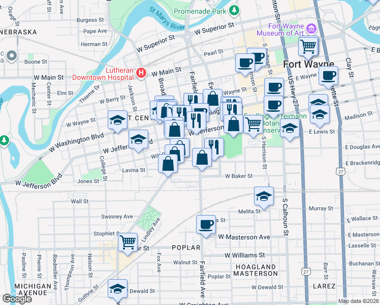 map of restaurants, bars, coffee shops, grocery stores, and more near 1205 Fulton Street in Fort Wayne