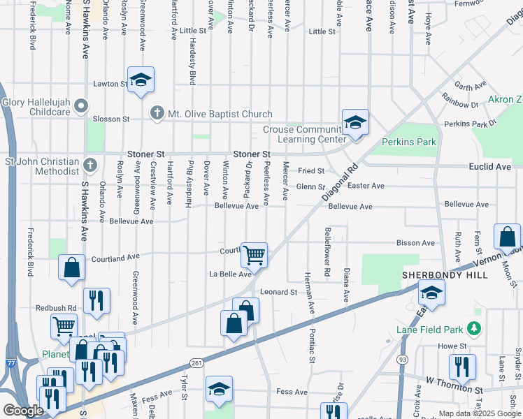 map of restaurants, bars, coffee shops, grocery stores, and more near 1097 Packard Drive in Akron