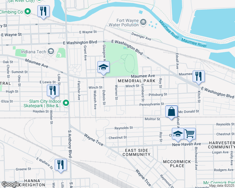 map of restaurants, bars, coffee shops, grocery stores, and more near 2326 Winch St in Fort Wayne