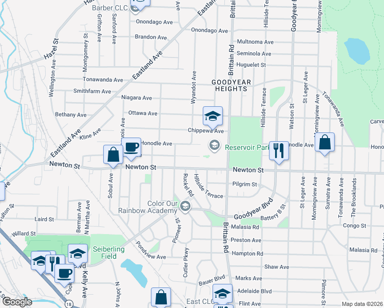 map of restaurants, bars, coffee shops, grocery stores, and more near 1433 Honodle Avenue in Akron
