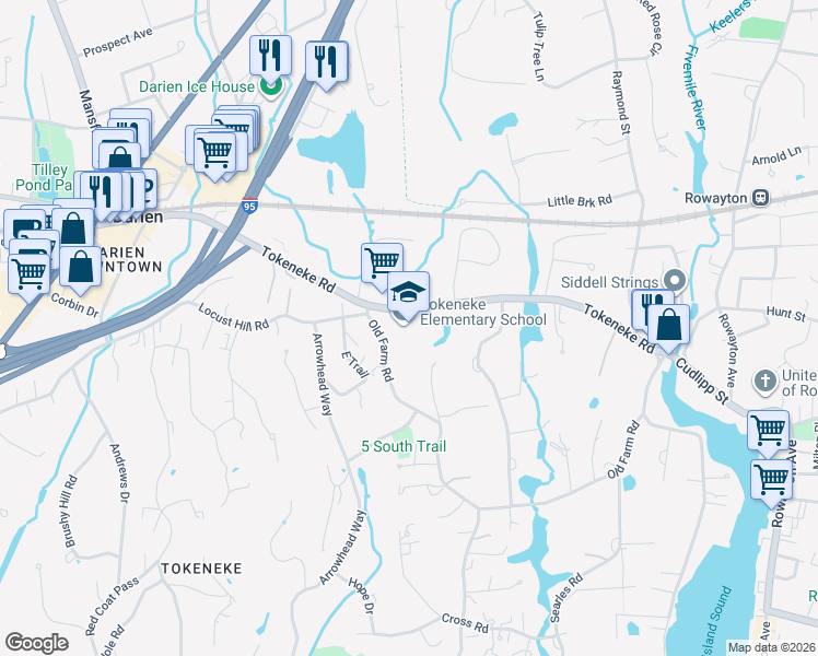 map of restaurants, bars, coffee shops, grocery stores, and more near 7 Old Farm Road in Darien
