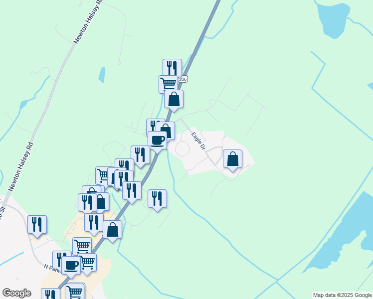 map of restaurants, bars, coffee shops, grocery stores, and more near 19 Eagle Drive in Newton