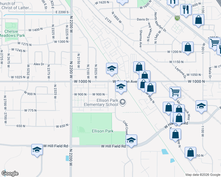 map of restaurants, bars, coffee shops, grocery stores, and more near 1945 West Gordon Avenue in Layton