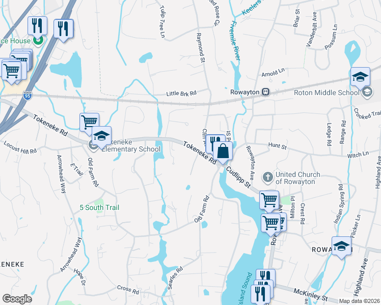 map of restaurants, bars, coffee shops, grocery stores, and more near 252 Tokeneke Road in Darien