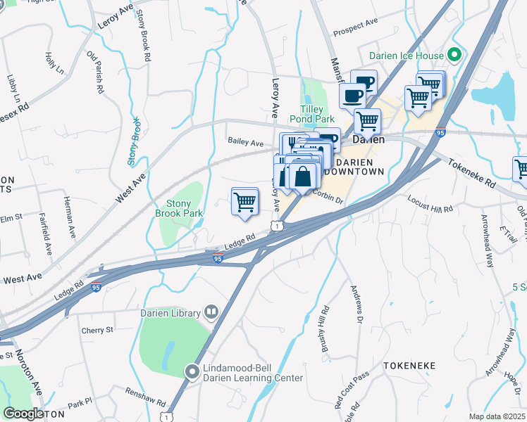 map of restaurants, bars, coffee shops, grocery stores, and more near 35 Leroy Avenue in Darien