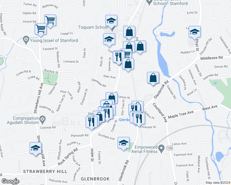 map of restaurants, bars, coffee shops, grocery stores, and more near 65 Glendale Drive in Stamford