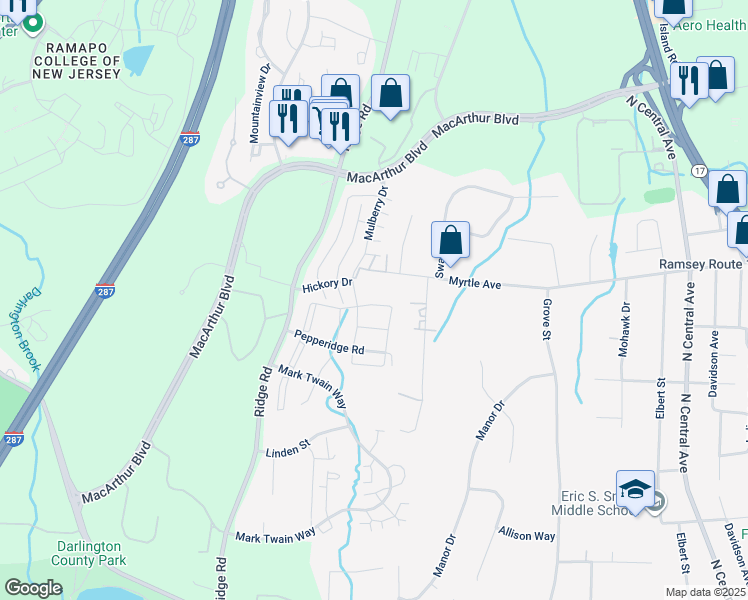 map of restaurants, bars, coffee shops, grocery stores, and more near 1252 Mulberry Drive in Mahwah