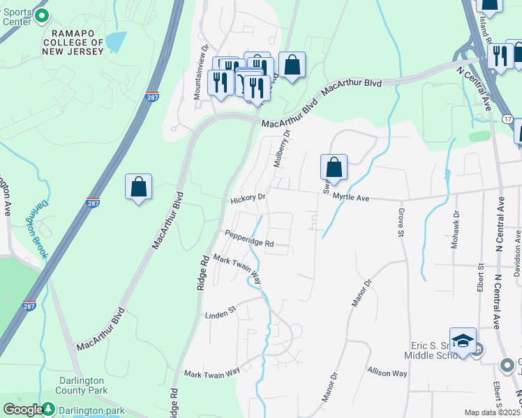 map of restaurants, bars, coffee shops, grocery stores, and more near 1123 Sycamore Lane in Mahwah