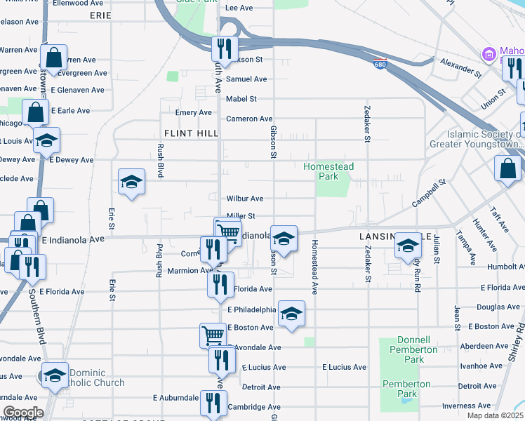 map of restaurants, bars, coffee shops, grocery stores, and more near in Youngstown