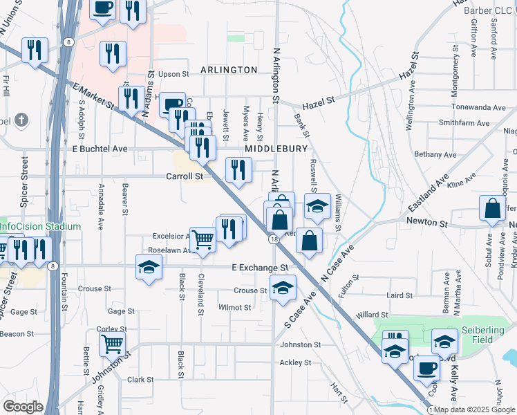 map of restaurants, bars, coffee shops, grocery stores, and more near 20 Maxine Place in Akron