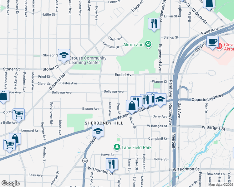 map of restaurants, bars, coffee shops, grocery stores, and more near 668 Fern Street in Akron