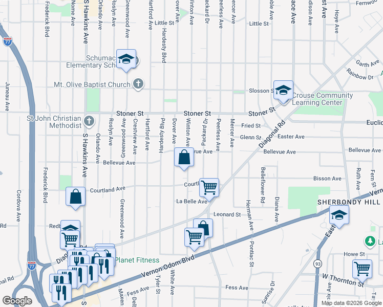 map of restaurants, bars, coffee shops, grocery stores, and more near 1115 Winton Avenue in Akron