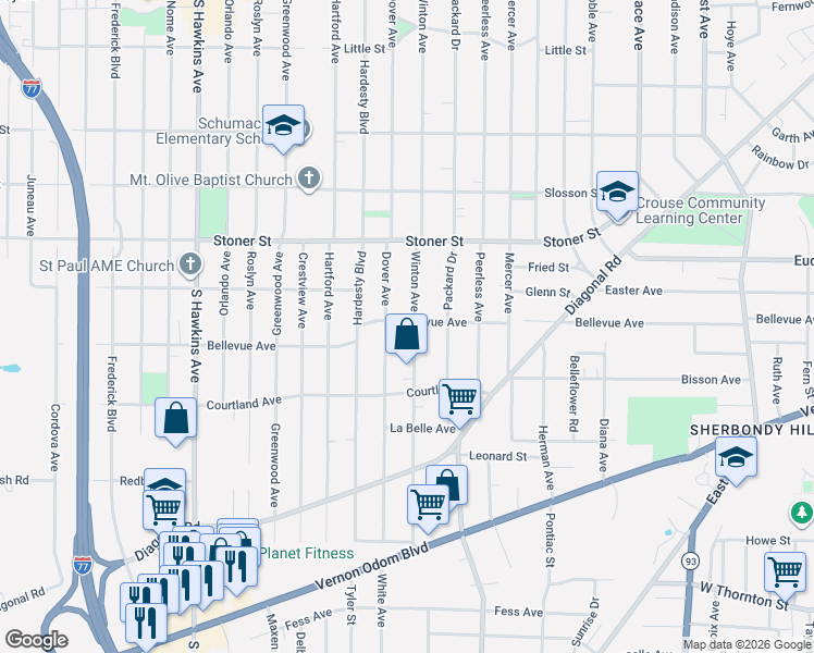 map of restaurants, bars, coffee shops, grocery stores, and more near 1115 Winton Avenue in Akron