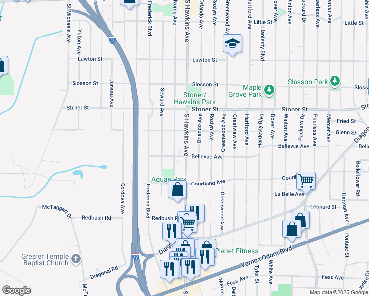 map of restaurants, bars, coffee shops, grocery stores, and more near 1276 South Hawkins Avenue in Akron