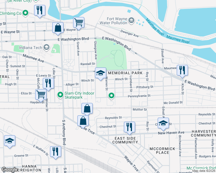 map of restaurants, bars, coffee shops, grocery stores, and more near 2326 Winch St in Fort Wayne