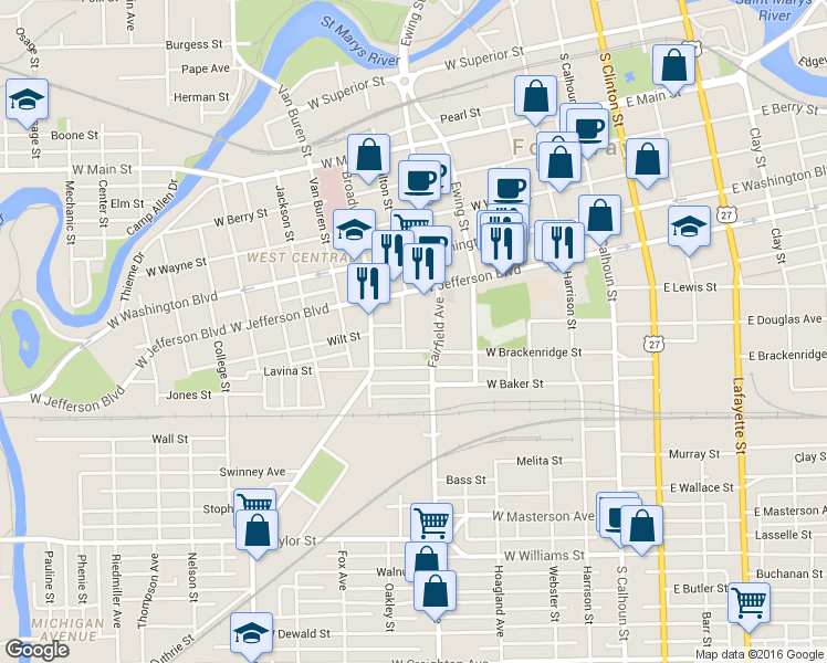 map of restaurants, bars, coffee shops, grocery stores, and more near 1115 Fulton Street in Fort Wayne