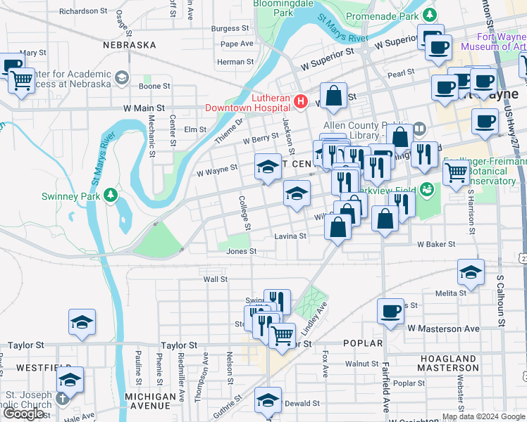 map of restaurants, bars, coffee shops, grocery stores, and more near 1015 West Washington Boulevard in Fort Wayne