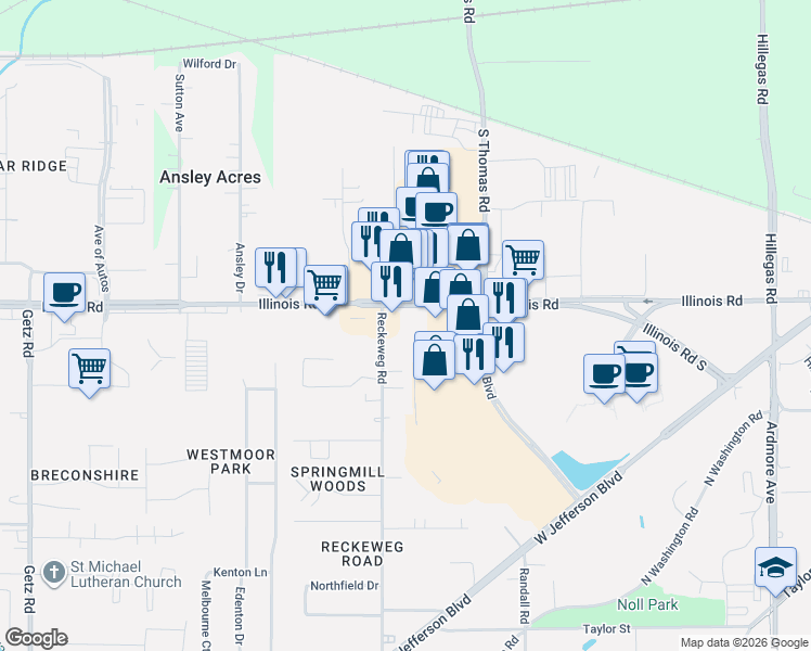 map of restaurants, bars, coffee shops, grocery stores, and more near 4911 Illinois Road in Fort Wayne