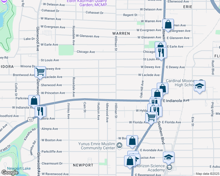 map of restaurants, bars, coffee shops, grocery stores, and more near 2546 Hillman Street in Youngstown