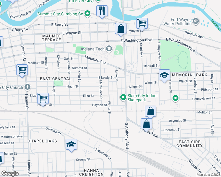 map of restaurants, bars, coffee shops, grocery stores, and more near 1305 Winter Street in Fort Wayne