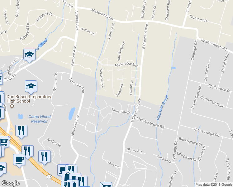 map of restaurants, bars, coffee shops, grocery stores, and more near 127 Fisher Road in Mahwah