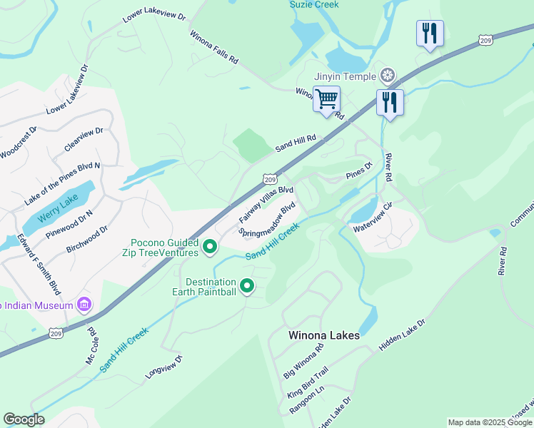 map of restaurants, bars, coffee shops, grocery stores, and more near 1646 Springmeadow Boulevard in East Stroudsburg