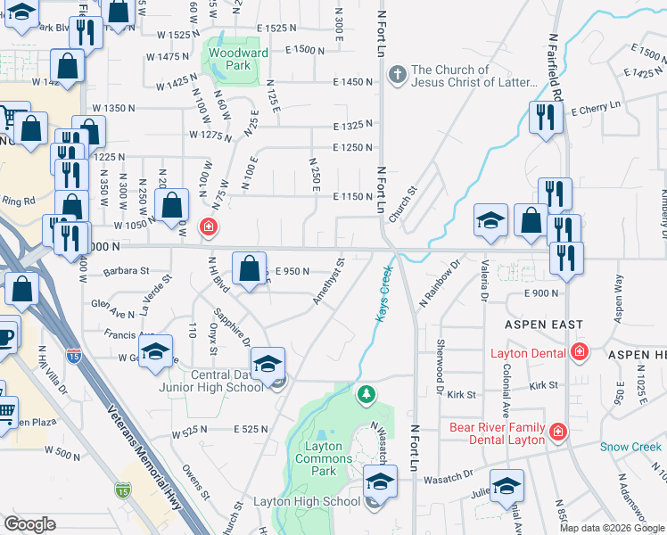 map of restaurants, bars, coffee shops, grocery stores, and more near 965 Amethyst Street in Layton