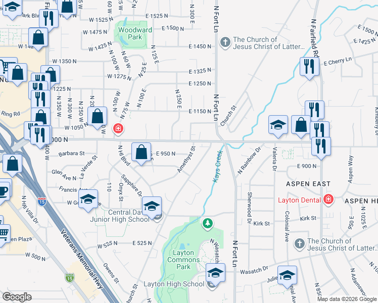 map of restaurants, bars, coffee shops, grocery stores, and more near 244 East Gordon Avenue in Layton