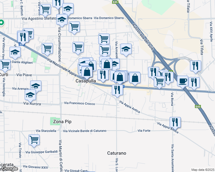 map of restaurants, bars, coffee shops, grocery stores, and more near 298 Via Nazionale Appia in Casapulla