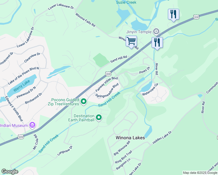 map of restaurants, bars, coffee shops, grocery stores, and more near 1626 Springmeadow Boulevard in East Stroudsburg