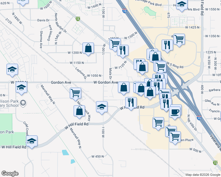 map of restaurants, bars, coffee shops, grocery stores, and more near 955 North 1125 West in Layton