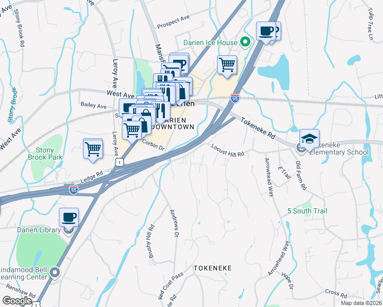map of restaurants, bars, coffee shops, grocery stores, and more near Governor John Davis Lodge Turnpike in Darien