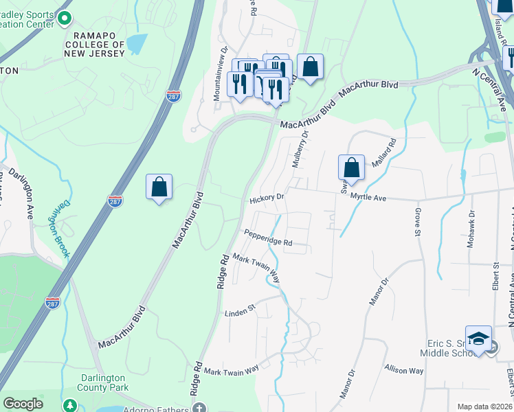 map of restaurants, bars, coffee shops, grocery stores, and more near 1123 Sycamore Lane in Mahwah