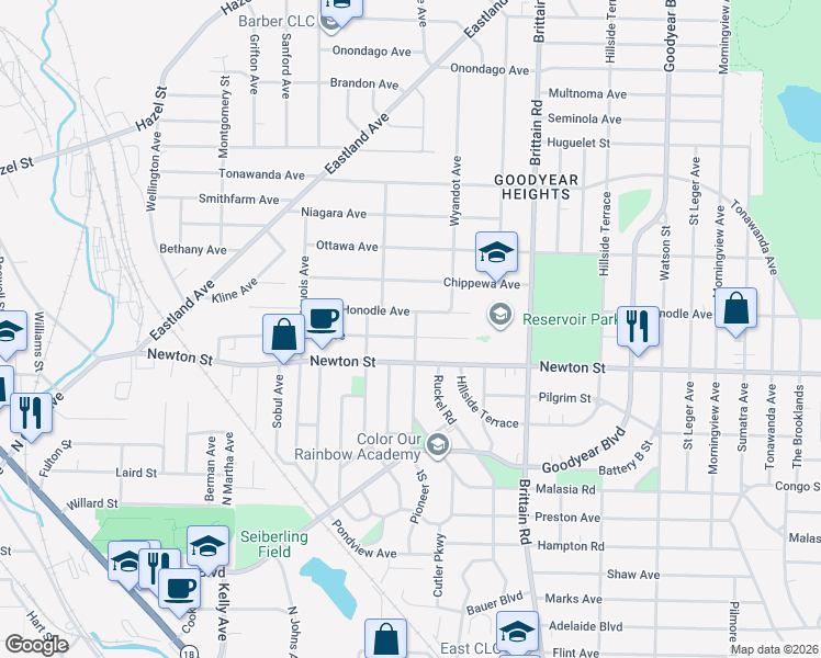 map of restaurants, bars, coffee shops, grocery stores, and more near 1390 Honodle Avenue in Akron