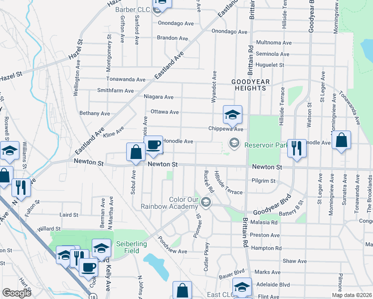 map of restaurants, bars, coffee shops, grocery stores, and more near 1390 Honodle Avenue in Akron