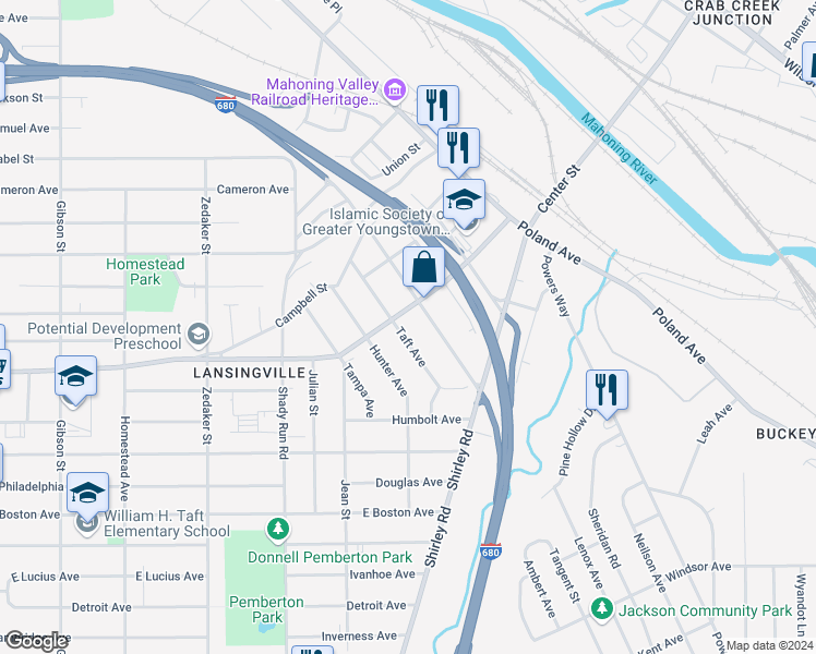map of restaurants, bars, coffee shops, grocery stores, and more near 2615 Taft Avenue in Youngstown