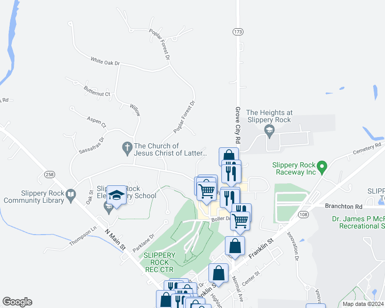 map of restaurants, bars, coffee shops, grocery stores, and more near 104 Spruce Drive in Slippery Rock