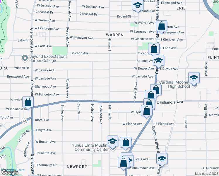 map of restaurants, bars, coffee shops, grocery stores, and more near 2546 Hillman Street in Youngstown