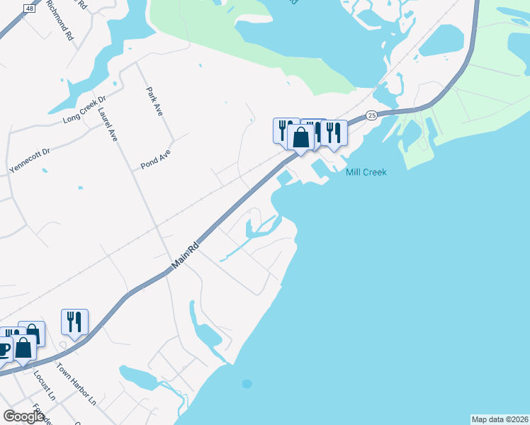 map of restaurants, bars, coffee shops, grocery stores, and more near 745 Budds Pond Road in Southold