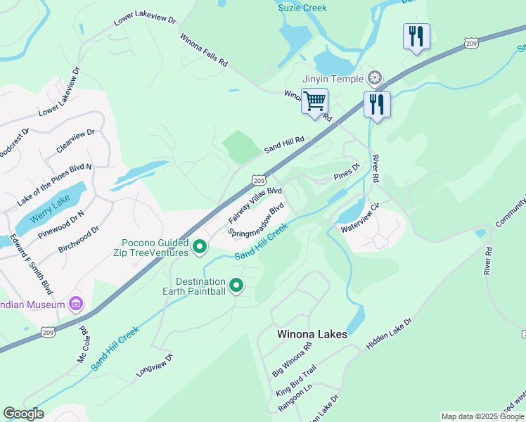 map of restaurants, bars, coffee shops, grocery stores, and more near 1632 Springmeadow Boulevard in East Stroudsburg
