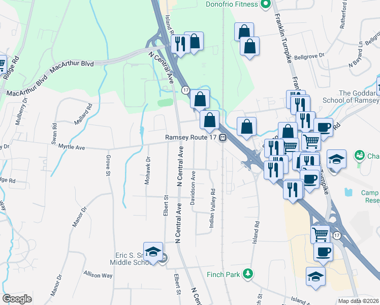 map of restaurants, bars, coffee shops, grocery stores, and more near 305 Davidson Avenue in Ramsey