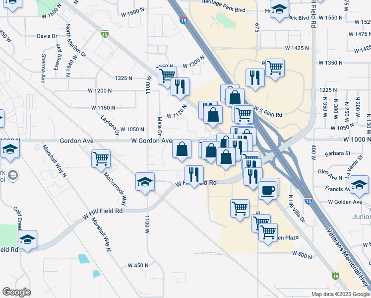 map of restaurants, bars, coffee shops, grocery stores, and more near 955 West Gordon Avenue in Layton