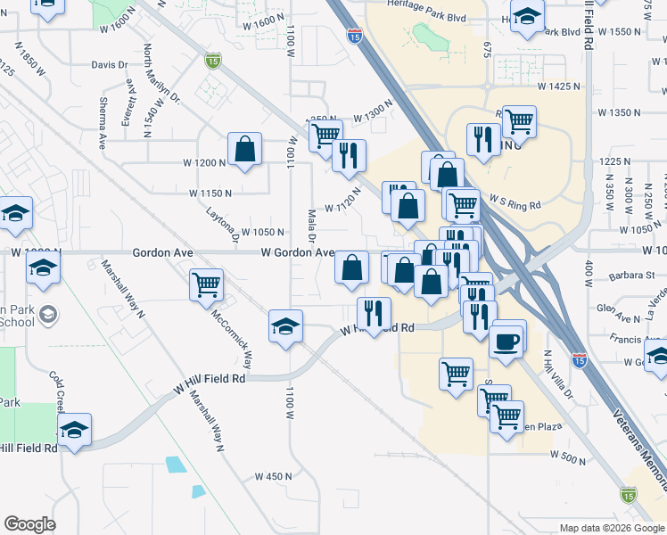 map of restaurants, bars, coffee shops, grocery stores, and more near 1066 North 1075 West in Layton