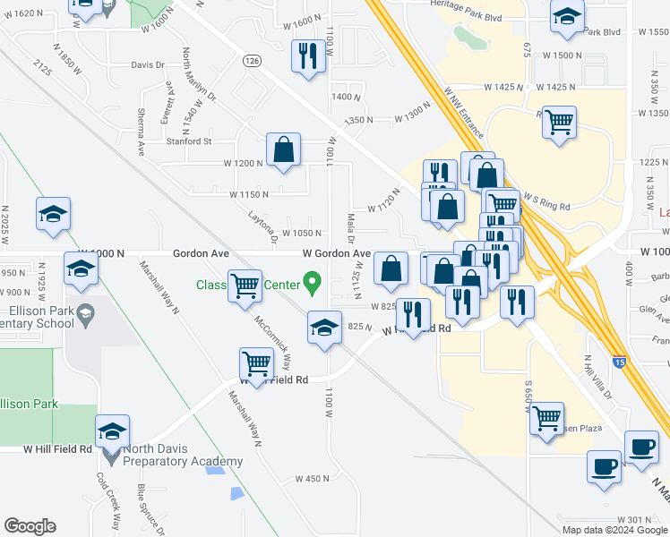 map of restaurants, bars, coffee shops, grocery stores, and more near 1171 West Gordon Avenue in Layton