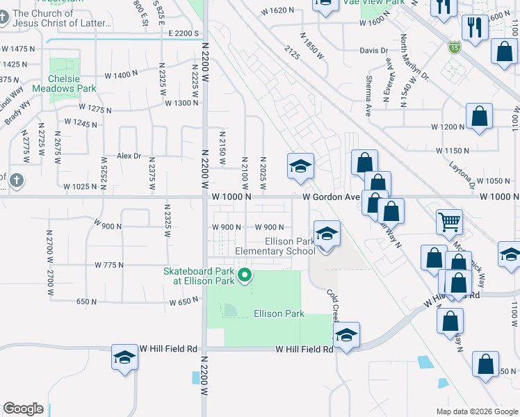 map of restaurants, bars, coffee shops, grocery stores, and more near 1015 North 2025 West in Layton