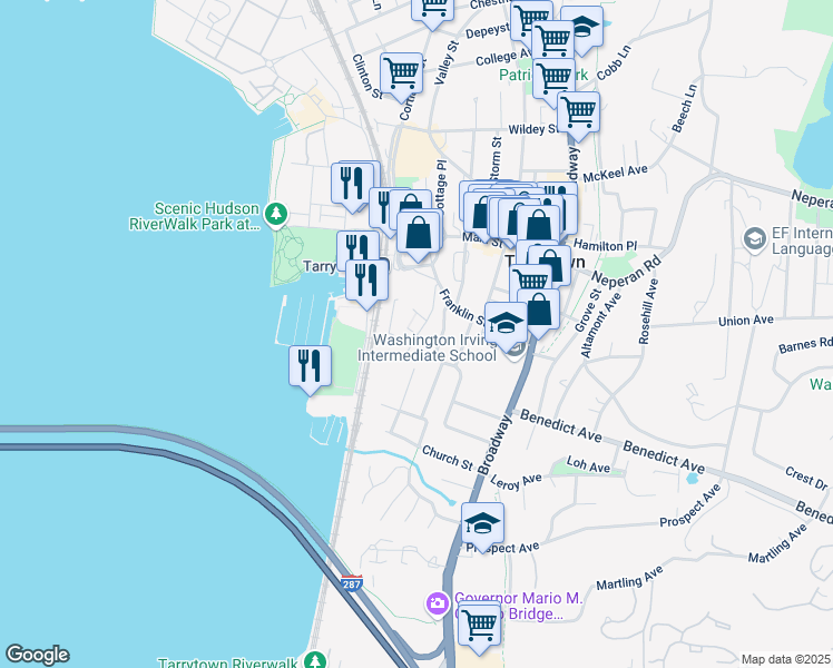 map of restaurants, bars, coffee shops, grocery stores, and more near 10 Riverview Avenue in Tarrytown