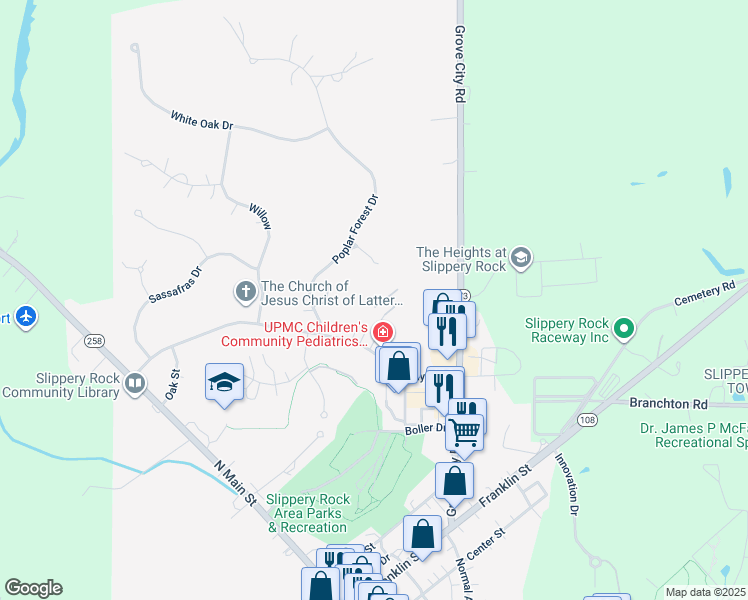map of restaurants, bars, coffee shops, grocery stores, and more near 104 Spruce Drive in Slippery Rock
